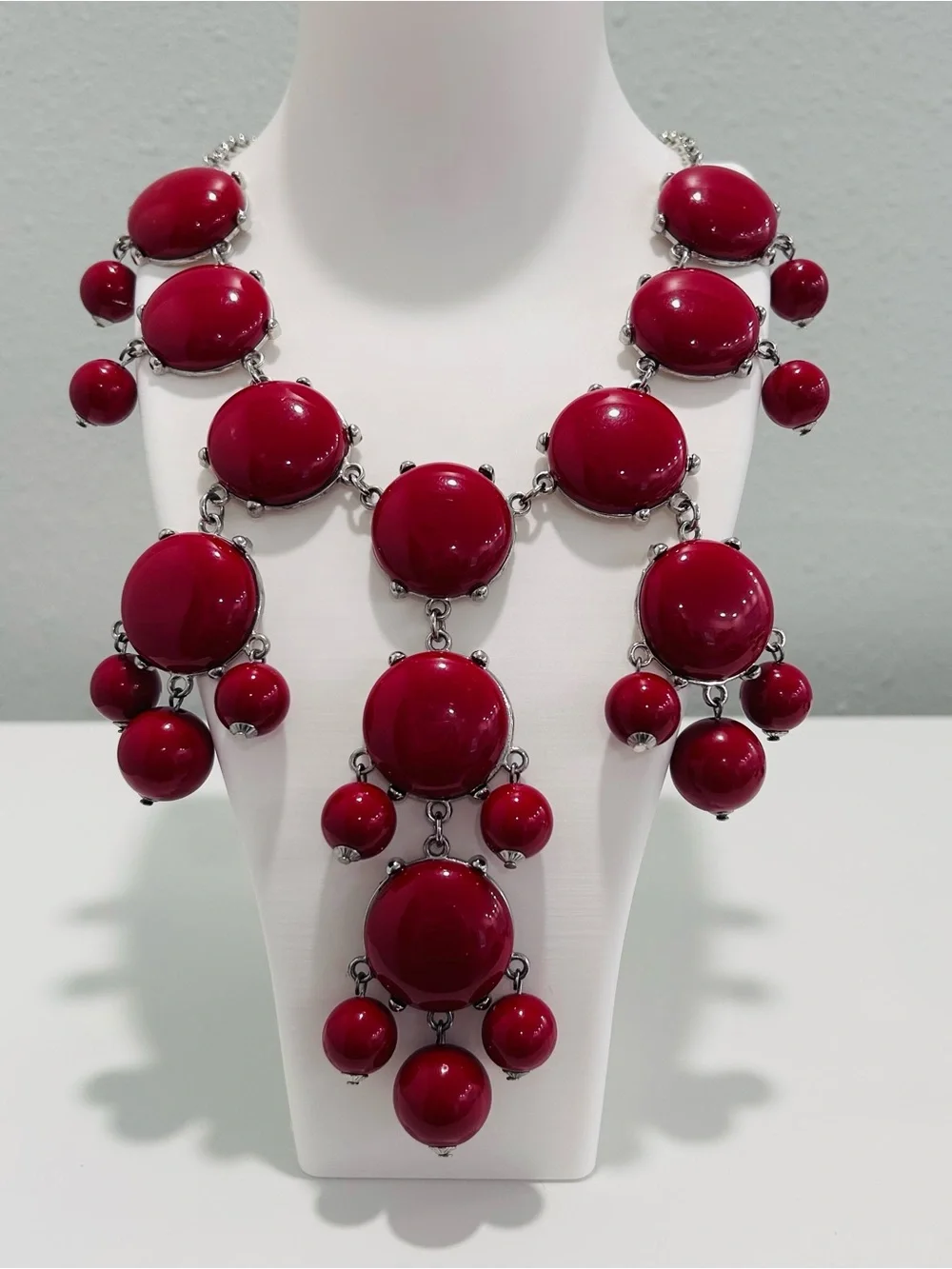 Erica Lyons Red Statement Necklace Round Cabochons Beads Silvertone Adjustable